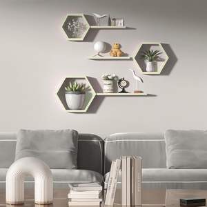 ชั้นวางของติดผนังไม้สำหรับห้องนั่งเล่น ชุด 6 ชิ้น สีเขียวพาสเทล รูปทรงหกเหลี่ยม สำหรับใส่รูปภาพ ต้นไม้ และของตกแต่งผนัง - Product Image 2