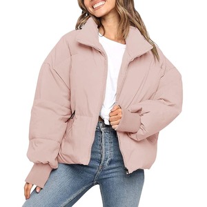 Pink Quilted <b>Jacket</b> Women Stand Collar Full <b>Sleeve</b> Zipper Closure Thick Solid Color Autumn Casual <b>Short</b> Coat - Product Image 5