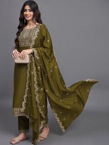 Traje de Algodón Bordado Tradicional Color Oliva para Mujer, con Dupatta, Corte Recto, Largo hasta la Rodilla, Ropa Casual de Secado Rápido, Estilo India/Pakistán - Product Image 3