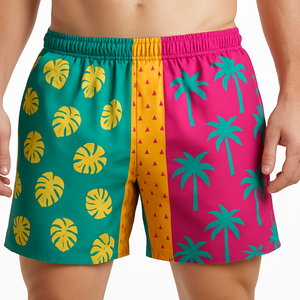 Short de bain pour homme à imprimé tropical color block, séchage rapide, taille mi-haute élastique, décontracté, 100 % polyester tricoté - Product Image 1
