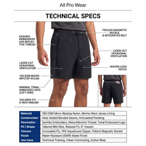 Custom Mens Utility Techwear <b>Shorts</b> Reflective Sashiko Embroidered Waterproof Ripstop Nylon OEM Activewear - Product Image 5