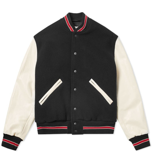 Veste varsity noire pour homme avec manches en PU crème, col rabattu, fermeture à boutons, vêtement décontracté pour l'automne - Product Image 3