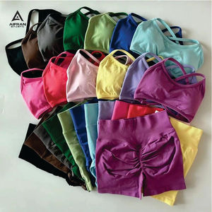 Conjunto de sujetador deportivo sin costuras AIFRAN para mujer, top con espalda cruzada, shorts de cintura alta con efecto levanta glúteos, Spandex/Nylon, soporte medio, extraíble - Product Image 6