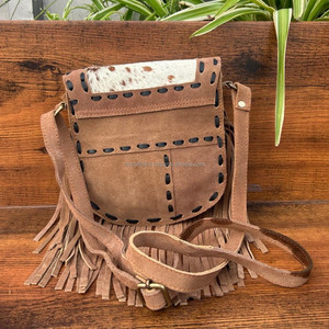 Venta caliente Western Real Hair on Suede Leather Fringe Crossbody Bag para mujer Custom Genuine Leather Hand Stitch Purse - Product Image 5