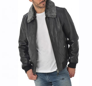 Trendy Men's Genuine Leather Jacket With Faux Fur Collar Zipper Closure Winter Moto Style Black Regular Fit Breathable - Product Image 5