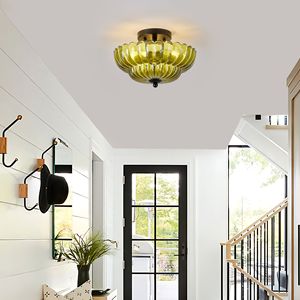 Plafonnier semi-encastré 3 lumières, luminaire moderne noir avec verre vert, compatible LED - Product Image 5
