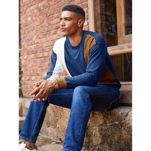 2025 hommes 3D broderie couleur bloc sweat col rond à manches longues polaire décontracté côtelé Patchwork automne hauts en XL & 2XL - Product Image 1