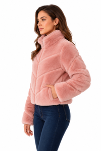 Blush Pink Faux Fur Puffer <b>Jacket</b> <b>Women</b> Winter <b>Zip</b> <b>Up</b> Teddy Coat Soft Plush Warm Outerwear Casual Short Length - Product Image 3