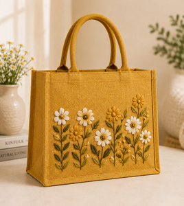 Eco-Friendly Jute Tote Bag with Floral Embroidery Bohemian Style Open Closure Cotton Lining Travel <b>Beach</b> Shopping Bag 33x28x15cm - Product Image 1