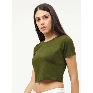 Camiseta Corta Verde Oliva para Mujer, Cuello Redondo, Manga Corta, Color Sólido, Estilo Casual, Primavera-Verano, Tejido de Algodón - Product Image 3