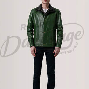 Veste en cuir vert émeraude pour homme avec col intérieur contrastant noir, en véritable peau de mouton, coupe ajustée, automne-hiver, style moto - Product Image 5