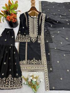 Ensemble Salwar Kameez en Georgette brodé pour femmes, tenue traditionnelle indienne pakistanaise réversible, pour les fêtes et les mariages - Product Image 5