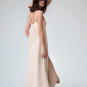 Vestido Maxi de Lino Marrón para Mujer, Sin Mangas, Cuello Cuadrado, Corte en A, Fluido, Casual de Verano - Product Image 1