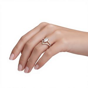 Luxury 14K Solid Gold Hexagon Step Cut Engagement <b>Ring</b> Paired with Chevron Curve Matching Eternity Wedding <b>Band</b> Bridal <b>Ring</b> Set - Product Image 4