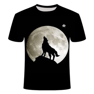 T-shirt Nera da Uomo con Stampa Digitale <span class=keywords><strong>Lupo</strong></span> che Urla alla Luna, Manica Corta, Casual, Girocollo, in Tessuto Jersey, Vestibilità Regolare - Product Image 1