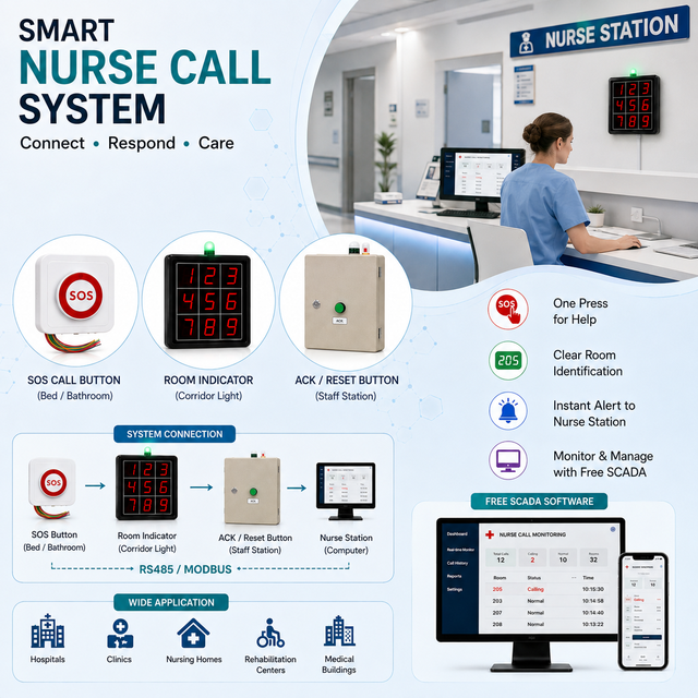 Hospital Emergency Nurse Call System – SOS Button, RS485, Free SCADA, OEM