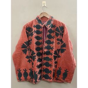 Green <b>Velvet</b> Embroidered <b>Blazer</b> Women Mandarin Collar Full Sleeve Winter Cotton Hand Embroidery Pattern - Product Image 2