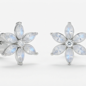 Boucles d'oreilles clous fleur couleur argent, zircon marquise, bijoux floraux pour femme, cadeau de fête et de mariage - Product Image 1