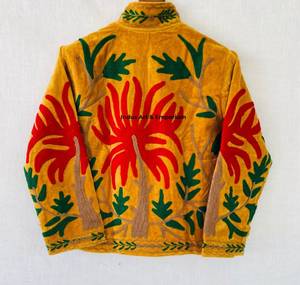 Yellow Velvet Hand Embroidered Floral Jacket <b>Women</b> Stand Collar Open Front Boho Casual <b>Spring</b> <b>Coat</b> Full Sleeve Regular Length - Product Image 4