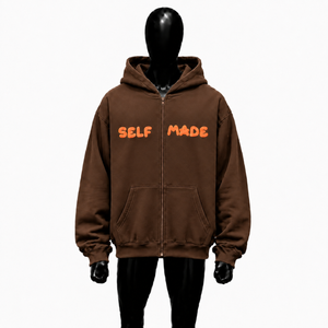 Custom Brown Oversized Zip Up Hoodie Self Made <b>Orange</b> Puff Print Streetwear Heavyweight Fleece Hooded <b>Sweatshirt</b> Unisex Fashion - Product Image 1