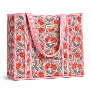 Sac à main matelassé en coton rose et rouge à fleurs, grande capacité, sac fourre-tout pour femmes, sac de transport fait main, respectueux de l'environnement - Product Image 2