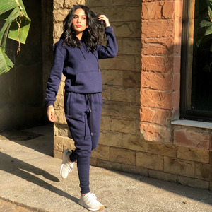 Ensemble de survêtement bleu marine à capuche pour femme, manches longues, taille à cordon, couleur unie, tenue décontractée pour l'automne - Product Image 2