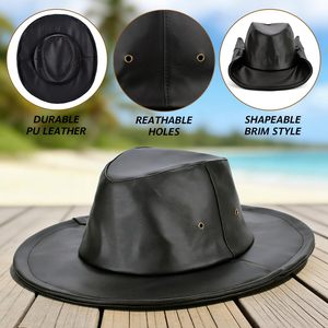 Premium Quality <b>Black</b> Leather <b>Cowboy</b> <b>Hat</b> Wide Brim Western <b>Hat</b> with Chin Strap Unisex Adult Outdoor Customized <b>Cowboy</b> <b>Hats</b> ODM - Product Image 2