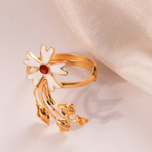 Premium Gold Plated White Enamel Blossom Flower <b>Adjustable</b> <b>Ring</b> with Red Crystal Center Nature Inspired Floral <b>Ring</b> for Women - Product Image 1
