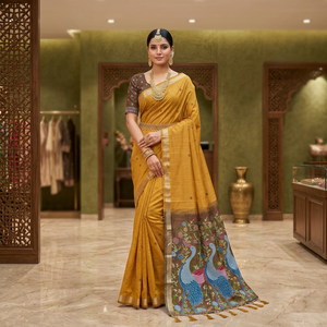 Sari traditionnel en coton avec tissage à motif paon pour femmes, idéal pour les mariages et les festivals, style indien - Product Image 1