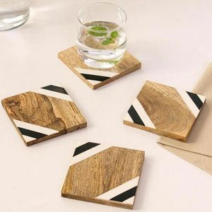 Resin & Wood Square <b>Coasters</b> Set with Black White Stripe Design Modern Non-Slip Mats Eco-Friendly & Durable <b>for</b> <b>Drinks</b> - Product Image 1