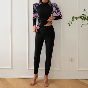 Women Floral Print High Neck Long Sleeve Swim Top With Black Leggings <b>Set</b> Stretch Knitted Athletic Wear Digital Print - Product Image 1