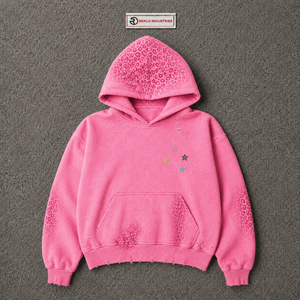 Sudadera con Capucha Oversize Rosa Desgastada con Bordado de Estrellas Coloridas, Estampado de Leopardo Tonal, Estilo Vintage Lavado, Texturizada, para Streetwear - Product Image 5