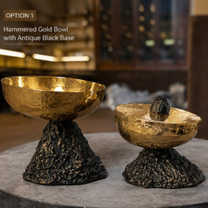 Ensemble élégant de brûleurs d'encens en métal doré avec un design de bol moderne et un récipient à couvercle sur des bases uniques en écorce d'arbre pour les arômes - Product Image 2