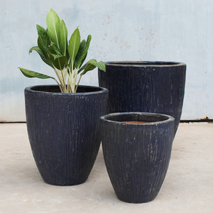 Ensemble de pots de fleurs en céramique rustique écologiques avec trou de drainage, jardinières d'extérieur, design texturé bleu foncé pour fleurs vertes - Product Image 2