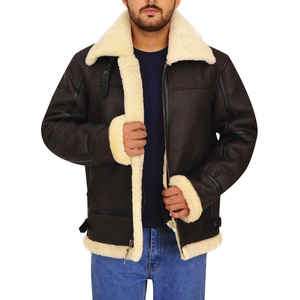Men's Genuine Leather Bomber Jacket Turn-down Collar Faux Fur Lining Zipper Closure Winter Moto Style Thick <b>Coat</b> - Product Image 1