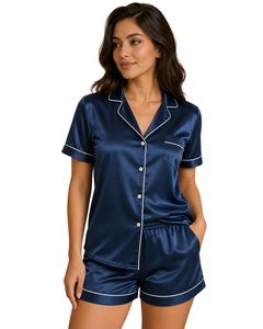 Conjunto de pijama de satén azul marino personalizado para mujer, ropa de dormir de seda de lujo, traje de noche con botones, conjunto de loungewear suave de manga corta. - Product Image 1