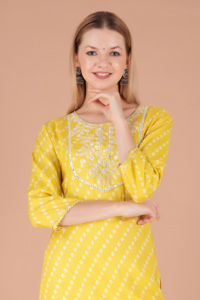 Women Yellow Printed <b>Kurti</b> Ethnic Casual Wear <b>Kurti</b>, Embroidery Work <b>Kurti</b> , Trendy <b>Kurti</b> , New Kurta - Product Image 5