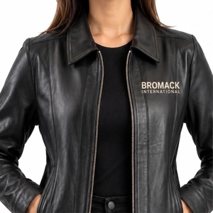 Women's Custom Solid Color <b>Leather</b> <b>Jacket</b> Classic Black Style Front Zipper Shirt Collar Modern Design <b>Long</b> Sleeve Side Pockets - Product Image 5