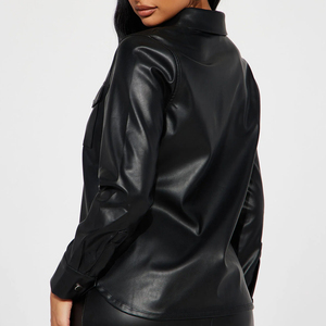 Haut décontracté élégant pour femme en similicuir coupe décontractée avec boutons sur le devant, manches longues et détail poche, idéal pour le quotidien moderne - Product Image 3