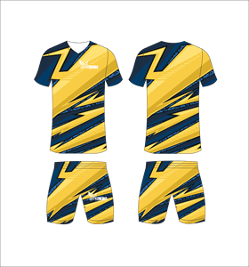Conjunto de Uniforme de Fútbol Sublimado con Rayas Amarillas y Azules, Cuello en V, Manga Corta, Absorbe la Humedad, Corte Atlético para Hombre - Product Image 1