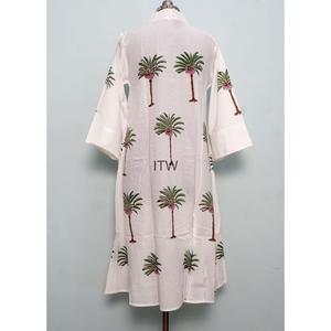 Robe longue décontractée pour femme, imprimé palmiers, col en V, taille naturelle, coupe évasée, 100 % coton écologique - Product Image 4