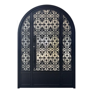 Rust-resistant wrought iron main door featuring geometric patterned glass panels – Easy-to-assemble design for entryways. - Product Image 1