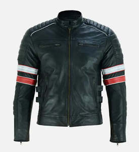 Veste en cuir sur mesure pour homme, noire, en cuir de vachette véritable, style Cafe Racer, veste de motard rétro, coupe ajustée, épaulettes rembourrées, vêtement d'extérieur rayé - Product Image 2