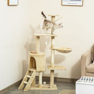 Torre per Gatti di Lusso da 52 cm, Beige, con Motivo Solido, Multi-Livello, Cuccia, Post per Tirare le Unghie in Peluche Ecologico, per Arrampicata Gatti, in Cartone - Product Image 2