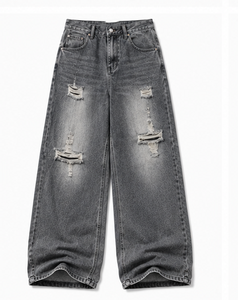 Jean en denim déchiré à taille haute et coupe large pour homme, style décontracté automne - Product Image 1