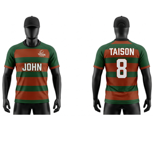 Men Rugby Jersey 180 GSM Breathable Polyester Fabric Green Brown Horizontal Stripes Sublimation Custom Team Wear - Product Image 1