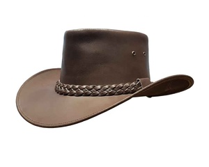 Chapeau de cowboy classique en cuir marron, style ranch occidental, avec bande tressée, large bord, pour l'équitation et les activités de plein air - Product Image 4