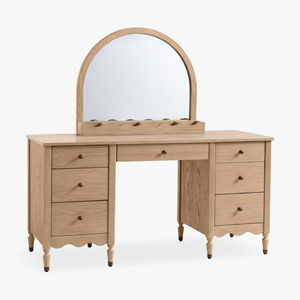 Teak Warm Minimalist Vanity Desk with Arched Mirror – Light Oak Wooden <b>Dressing</b> <b>Table</b> with 7 Drawers - Product Image 1