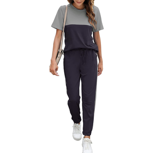 Women Color Blocked Knitted Sporty <b>Set</b> <b>Short</b> Sleeve O-Neck <b>Top</b> With Side Stripe Pants Breathable All Seasons Casual Wear - Product Image 2