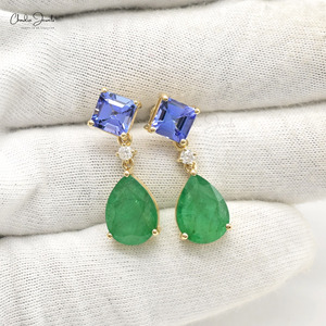 Ready Stock 14K Solid Gold Dual Gemstone Dangle <b>Earrings</b> Real Emerald Drop & Tanzanite <b>Top</b> <b>Earrings</b> 0.12CTW Fine Diamond Jewelry - Product Image 3